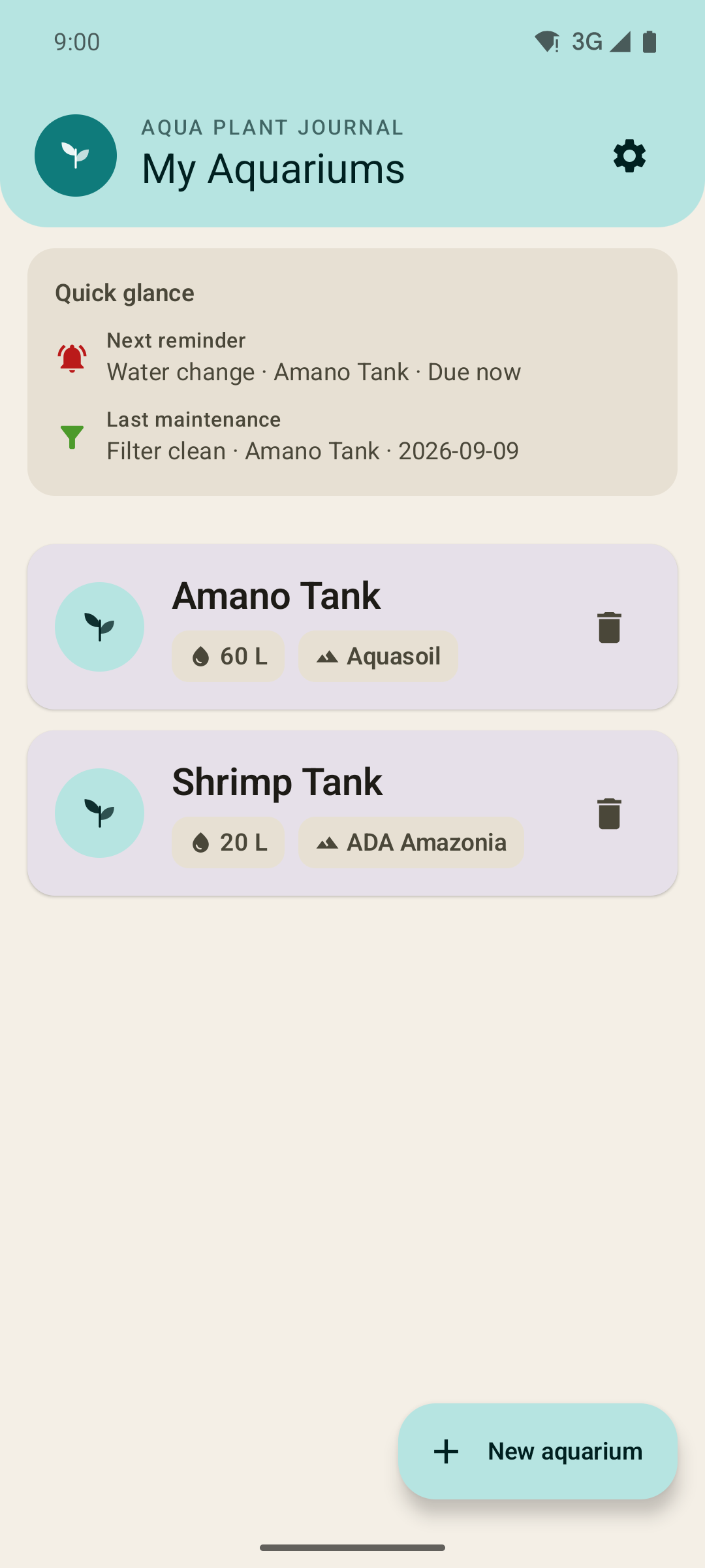 Aqua Plant Journal aquarium list screen, showing a Quick glance summary and the Amano Tank aquarium card
