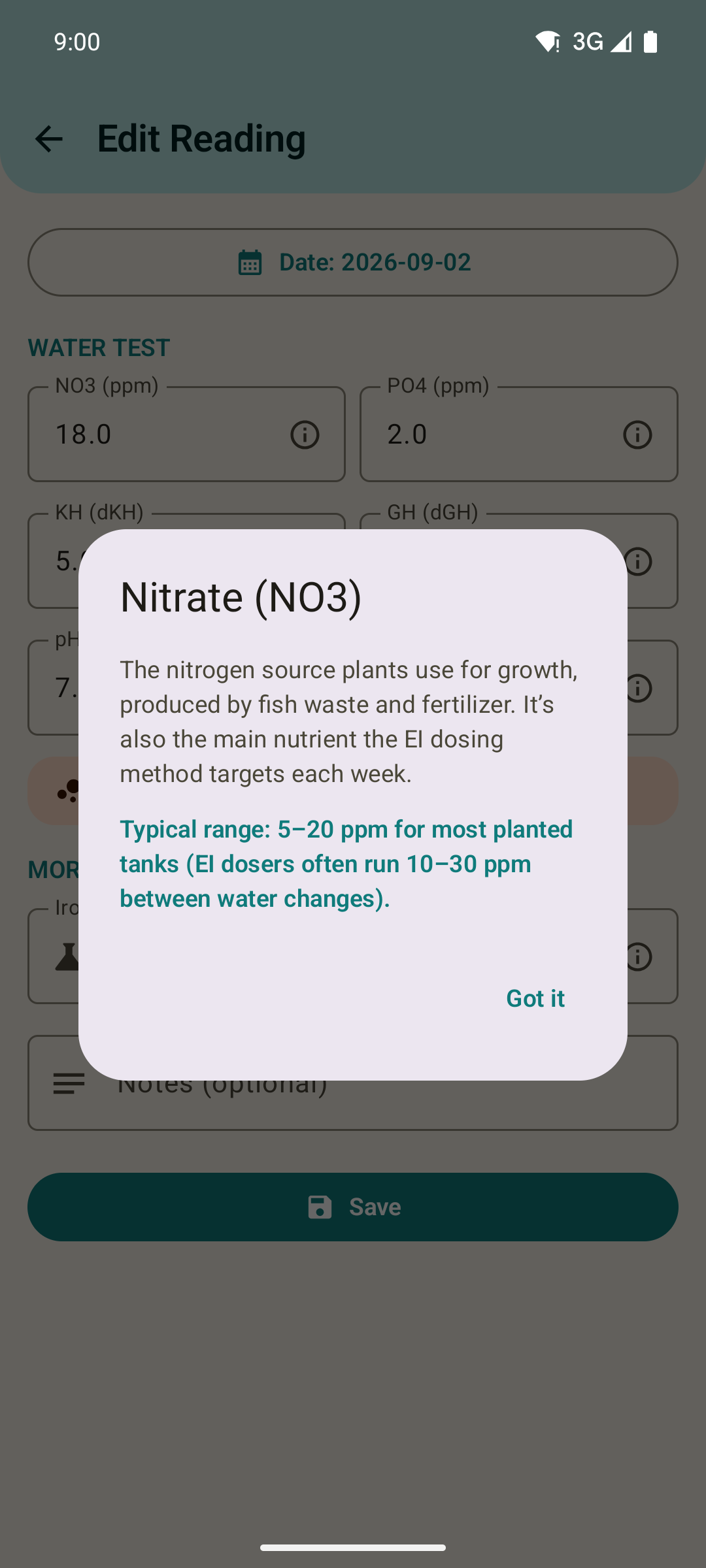 A parameter info dialog explaining what Nitrate (NO3) is and its typical healthy range